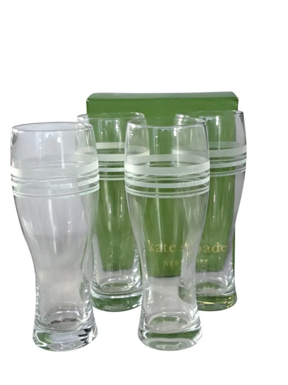 4 Lenox Kate Spade Library Stripe Wheat Beer Glasses 8 1/2 Inches Tall
